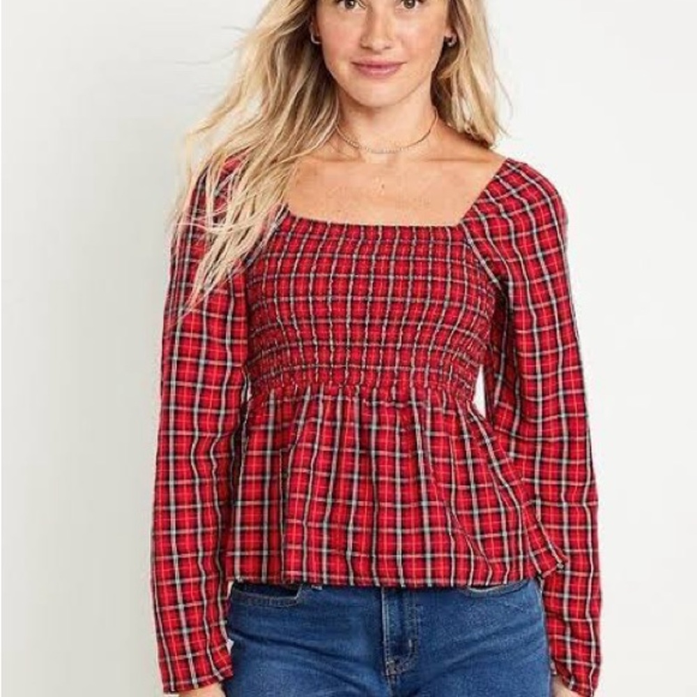 Red plaid smocked long sleeve blouse